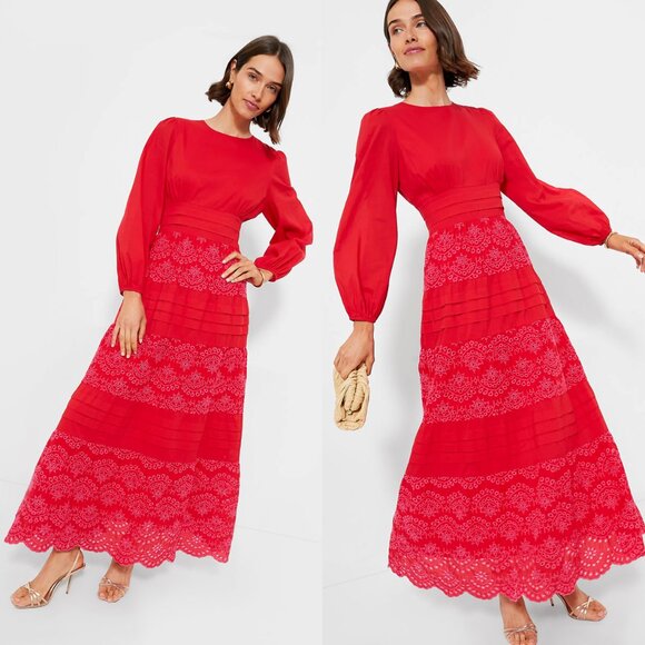 Pomander Place Red Eyelet Long Sleeve A Line Maxi Dress NWT Size L - Picture 3 of 11